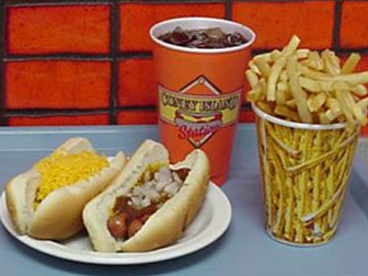 Two Coney Island Dogs with fries and soda